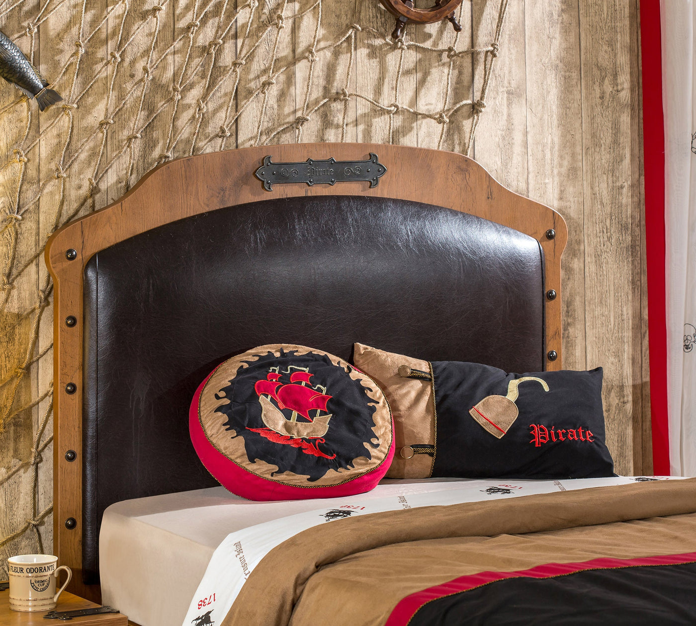 PIRATE bed with storage upholstered in leather