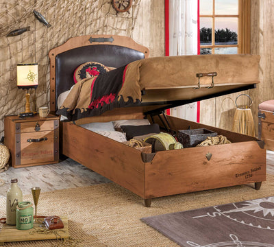 PIRATE bed with storage upholstered in leather