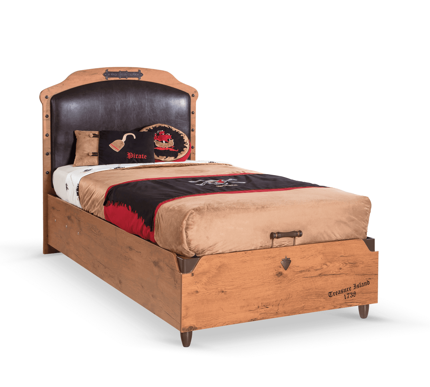 PIRATE bed with storage upholstered in leather