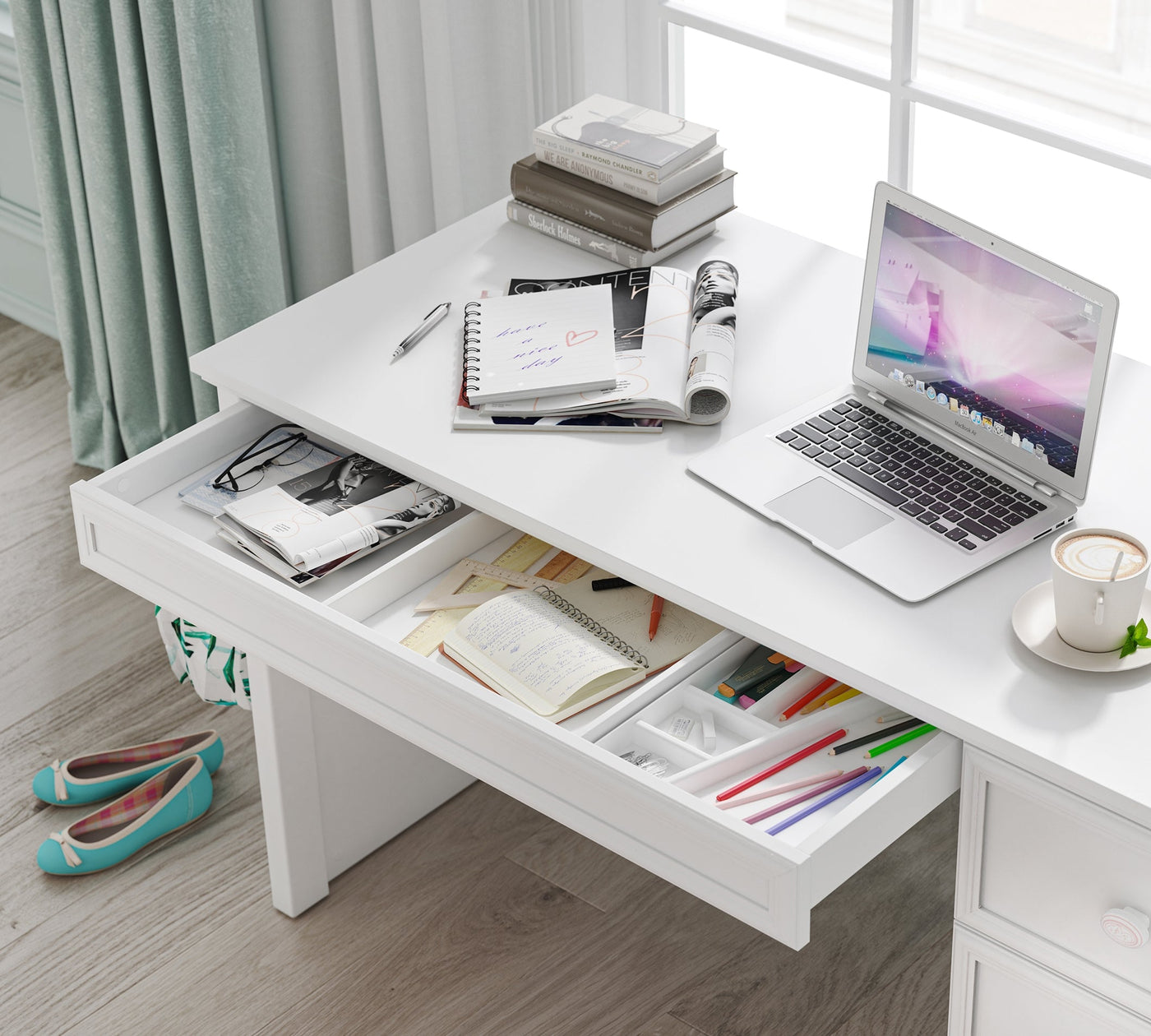 RUSTIC WHITE Study table with shelving unit