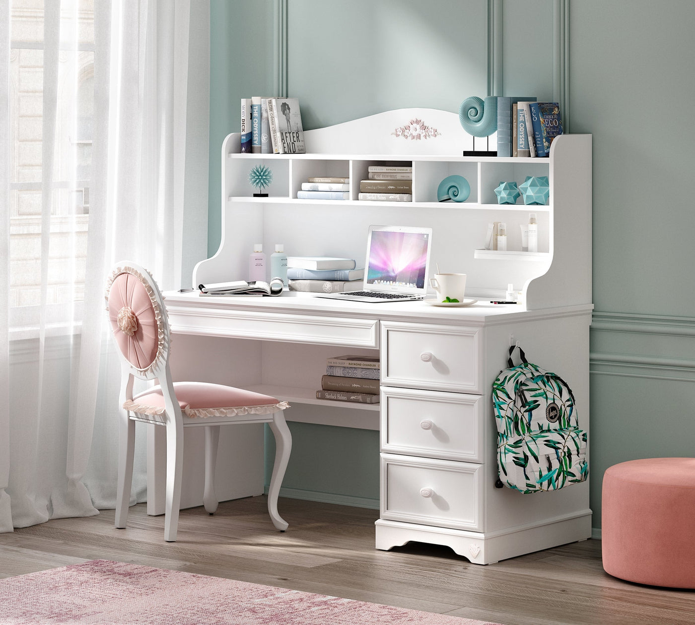 RUSTIC WHITE Study table with shelving unit