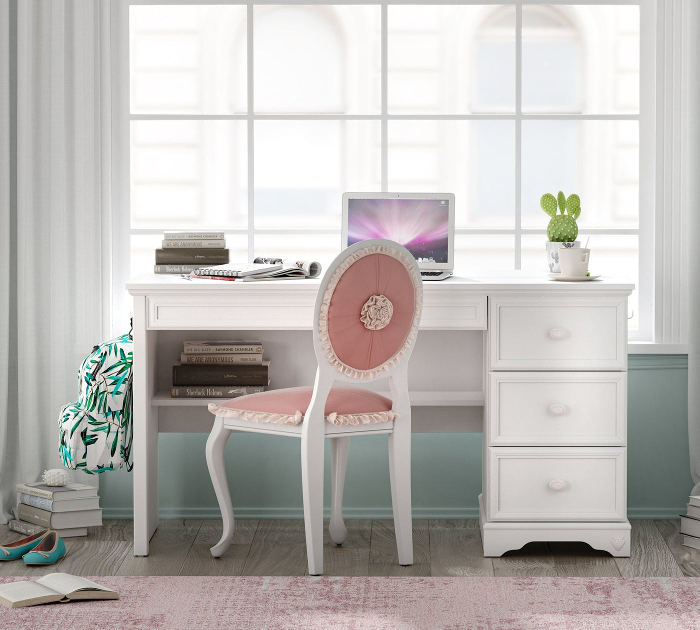 RUSTIC WHITE Study table with shelving unit